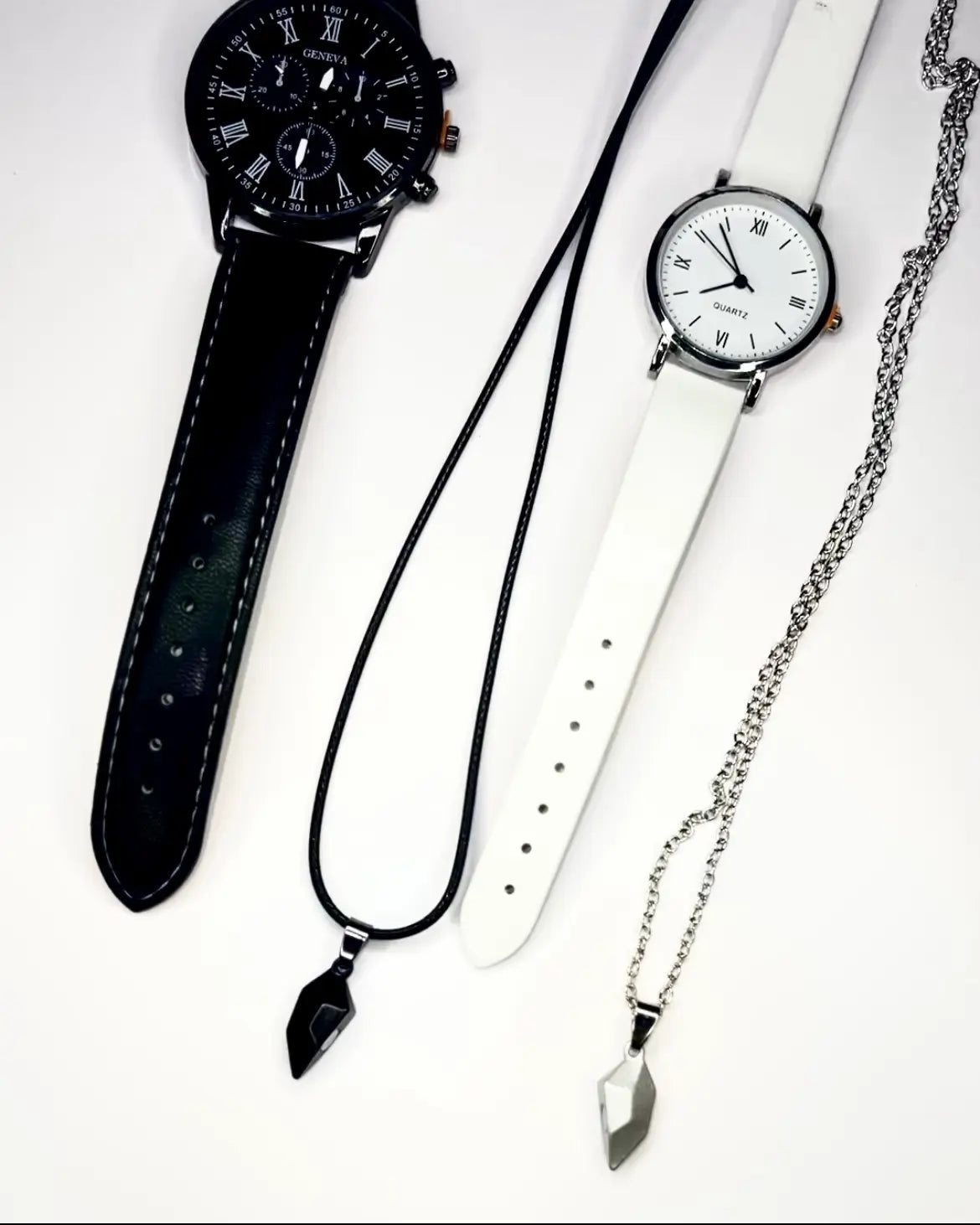 Elegant Couple Wristwatch & Necklace 4pcs Set – Black & White Edition