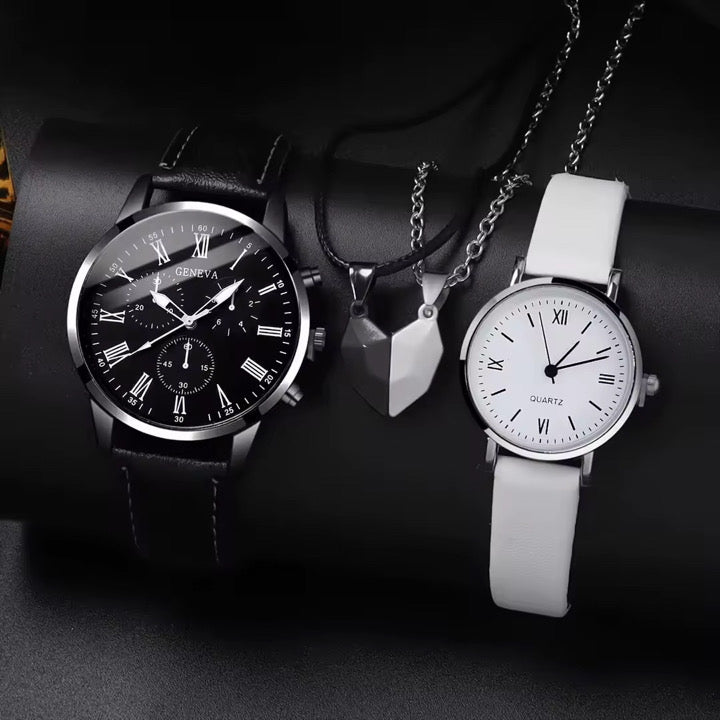 Elegant Couple Wristwatch & Necklace 4pcs Set – Black & White Edition