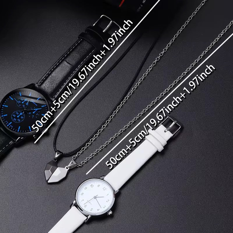 Elegant Couple Wristwatch & Necklace 4pcs Set – Black & White Edition